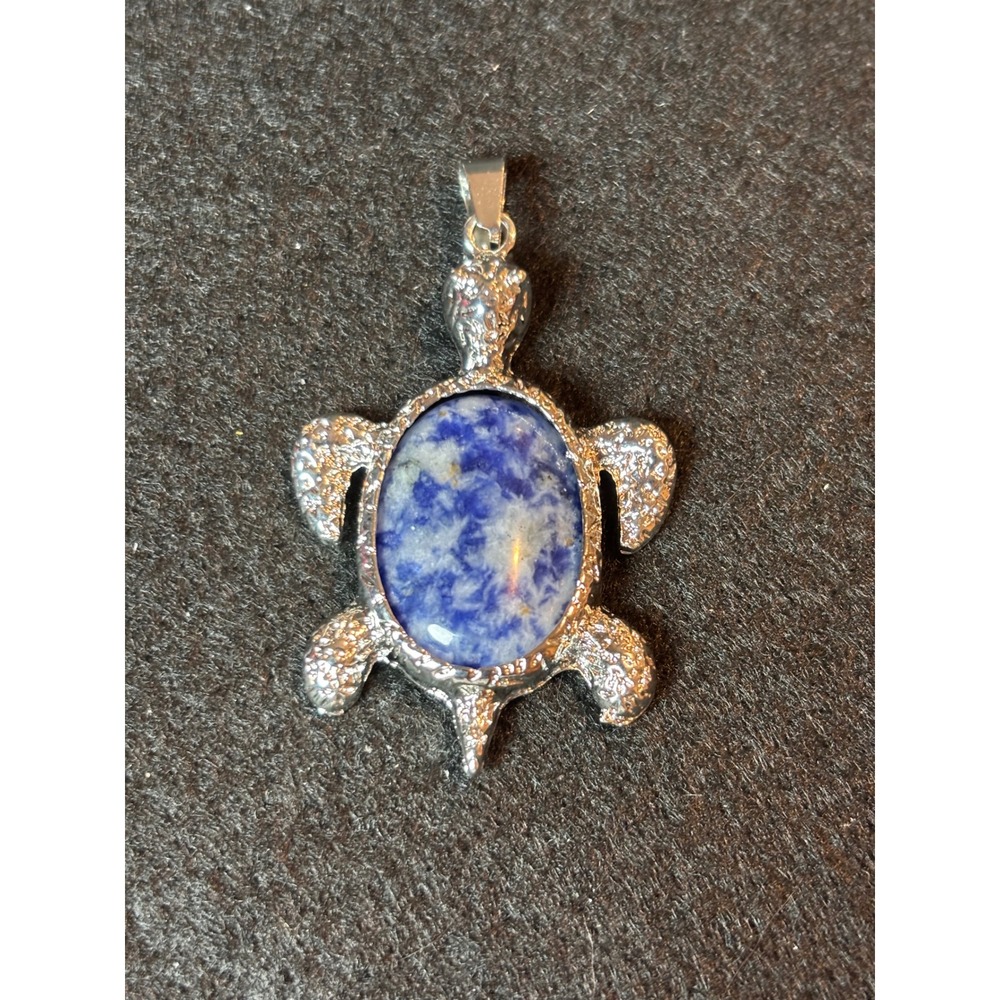 Silver Tone Turtle Pendant Blue Sodalite Stone Sea Turtle Charm Nautical Jewelry